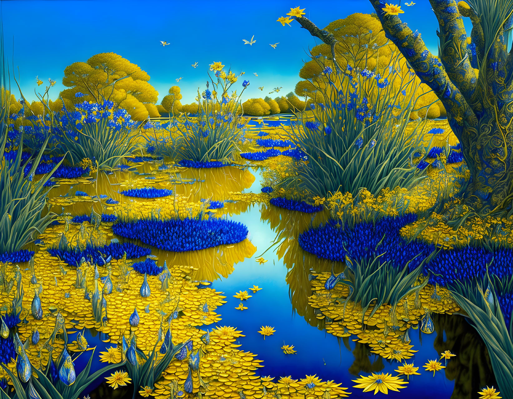 Fantastical landscape with blue and yellow hues, intricate nature elements, and butterflies