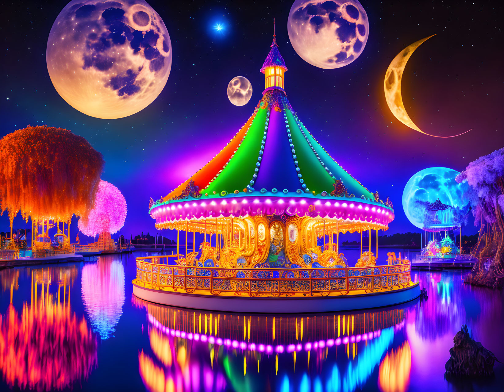 Colorful Carousel by Reflective Lake & Fantastical Night Sky
