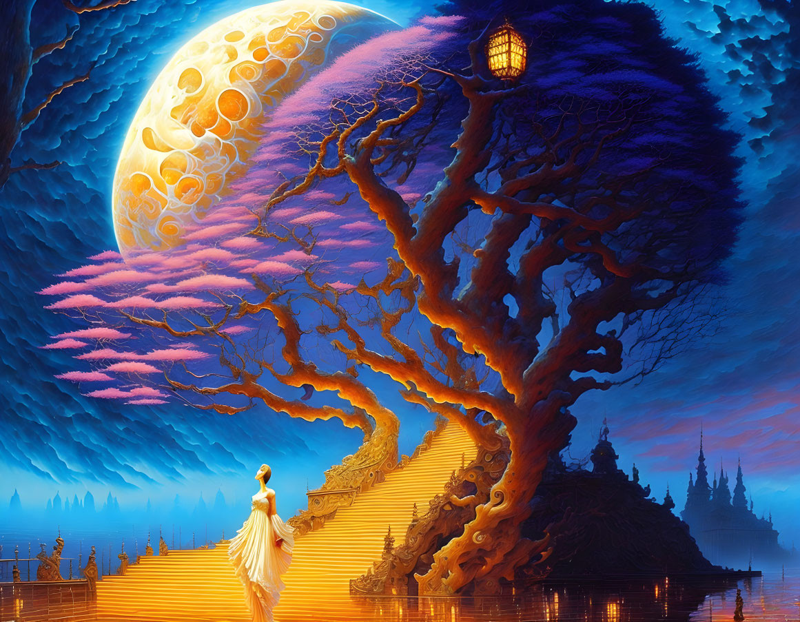Woman in dress by grand staircase with surreal tree under orange moon