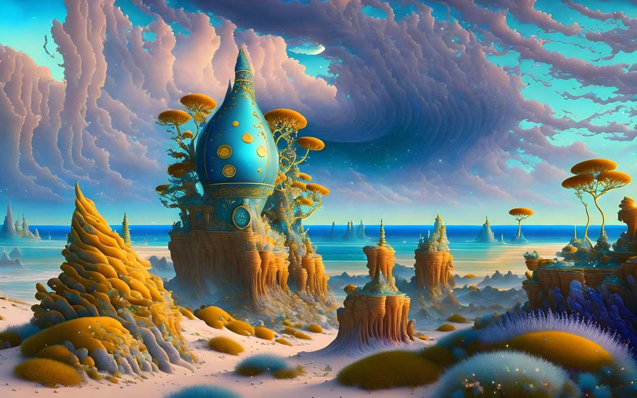 Fantastical surreal landscape with domed structure and alien flora