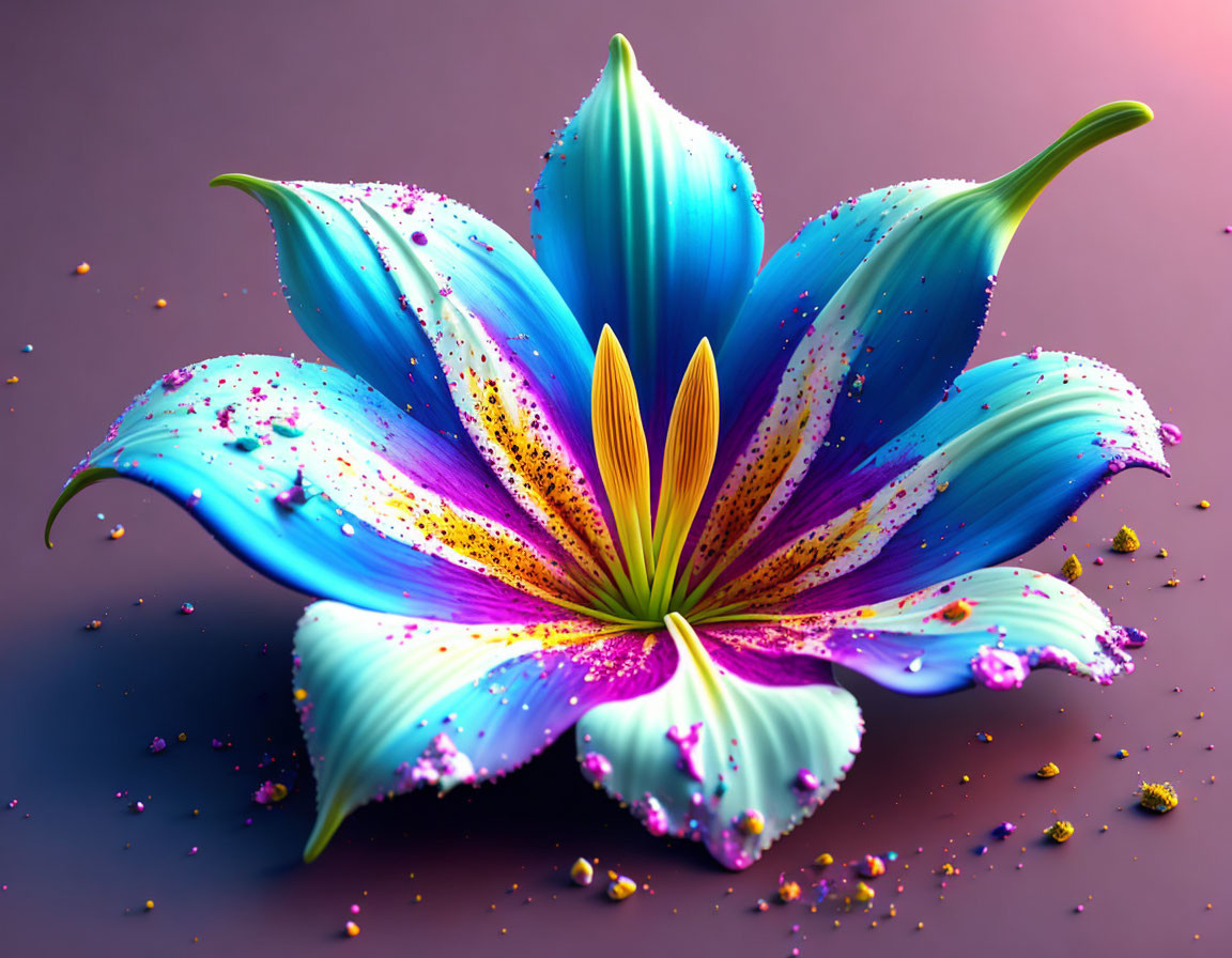 Colorful digital artwork: Blue lily with neon pink and yellow on purple background