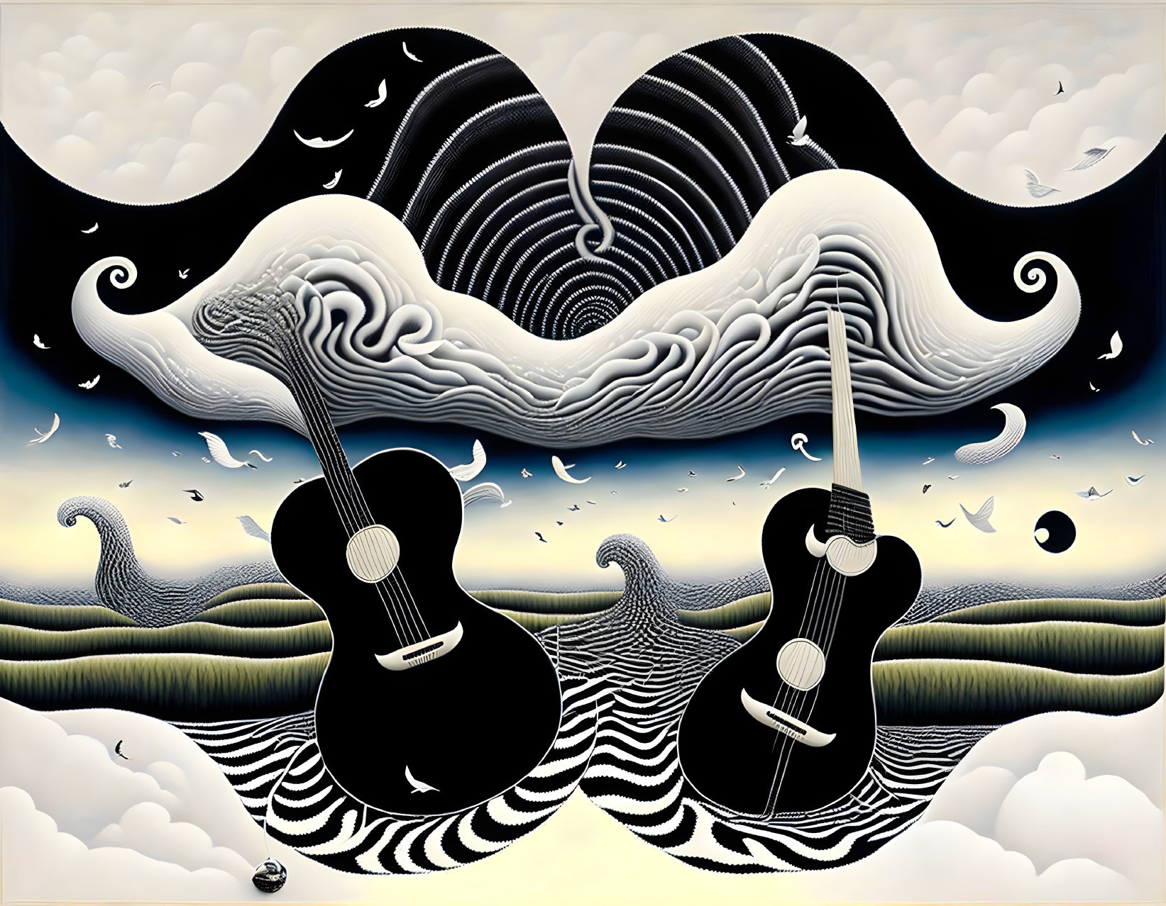 Surrealist artwork: guitars blend into seascape with celestial sky