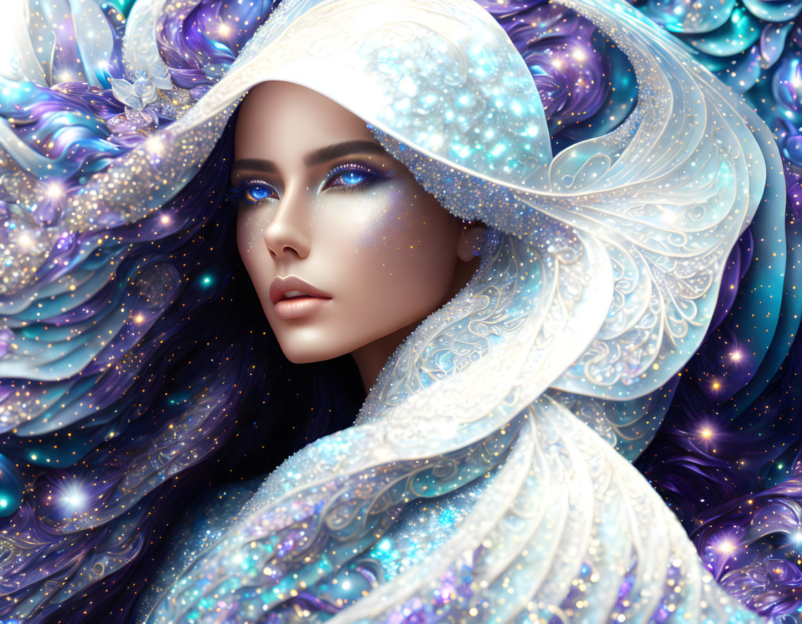 Digital artwork: Woman with porcelain skin, cosmic hair, and deep blue eyes.