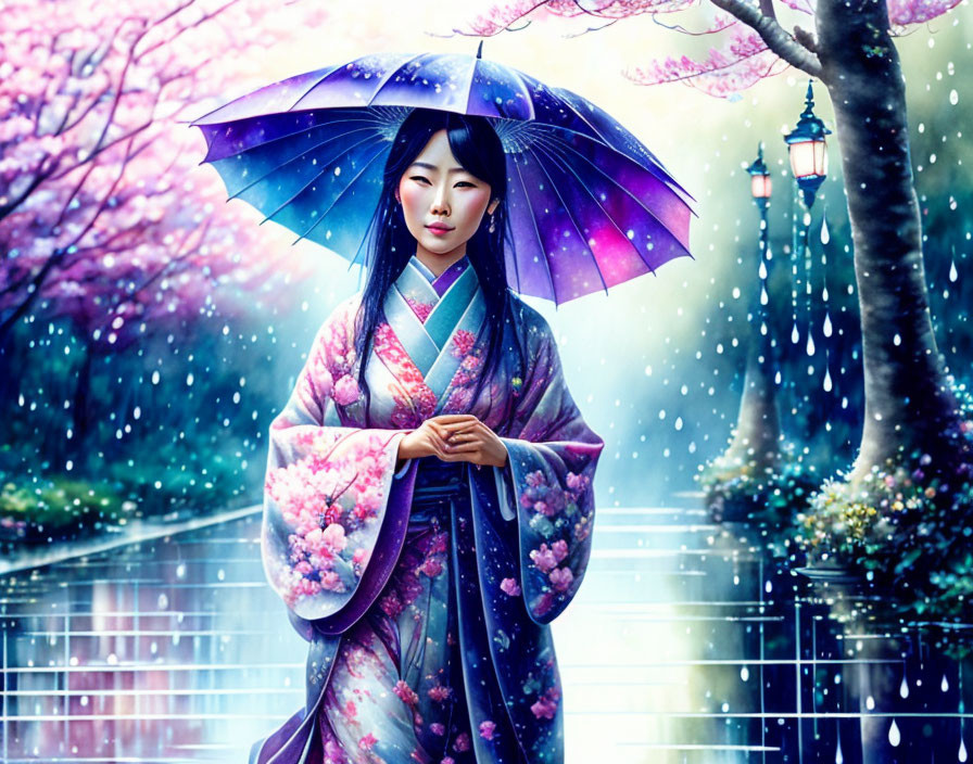 Digital artwork of woman in floral kimono with umbrella in snowy cherry blossom scene.