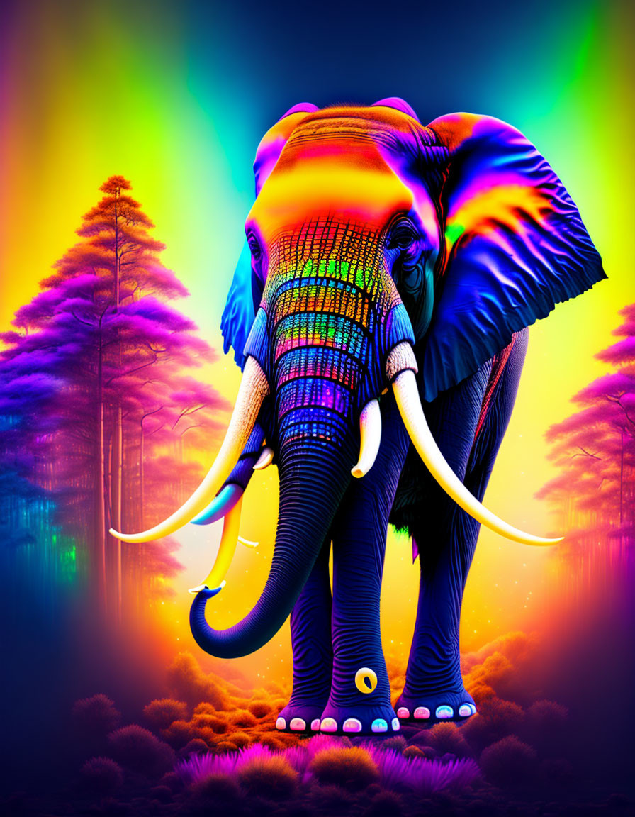 Colorful Psychedelic Elephant in Neon Forest