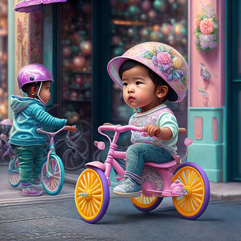 Illustrated toddlers on tricycles in colorful street