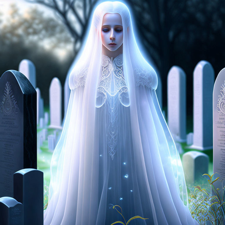 Pale-skinned ghost with long white hair in ornate gown at moonlit cemetery