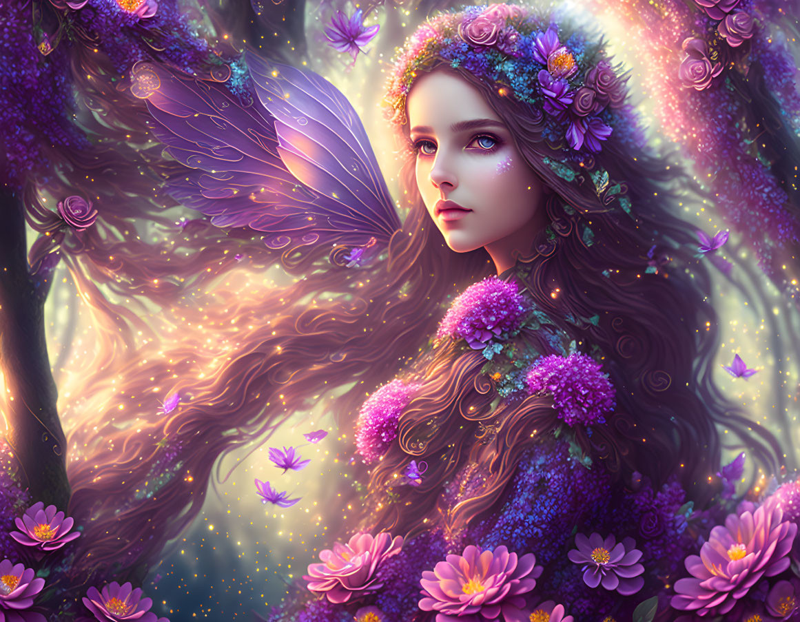 Fantasy illustration of female figure with butterfly wings in enchanted forest