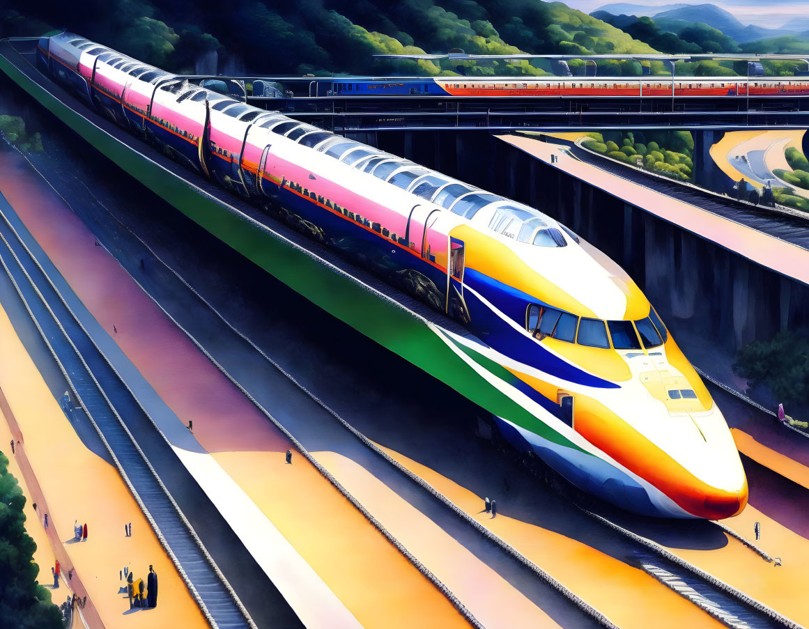 Colorful high-speed trains on parallel tracks with scenic backdrop of hills and overpasses