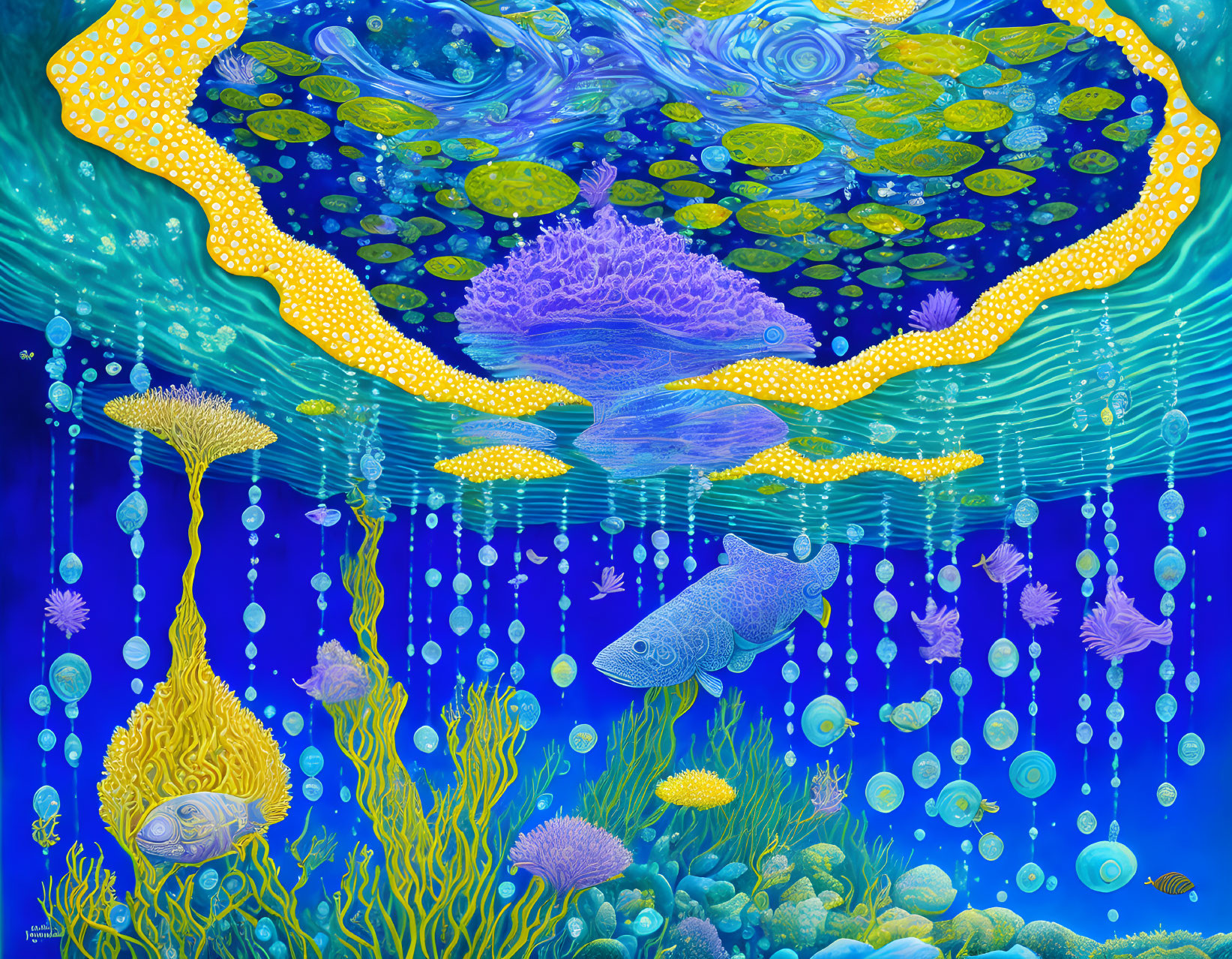 Colorful Underwater Marine Life Illustration in Blue and Yellow