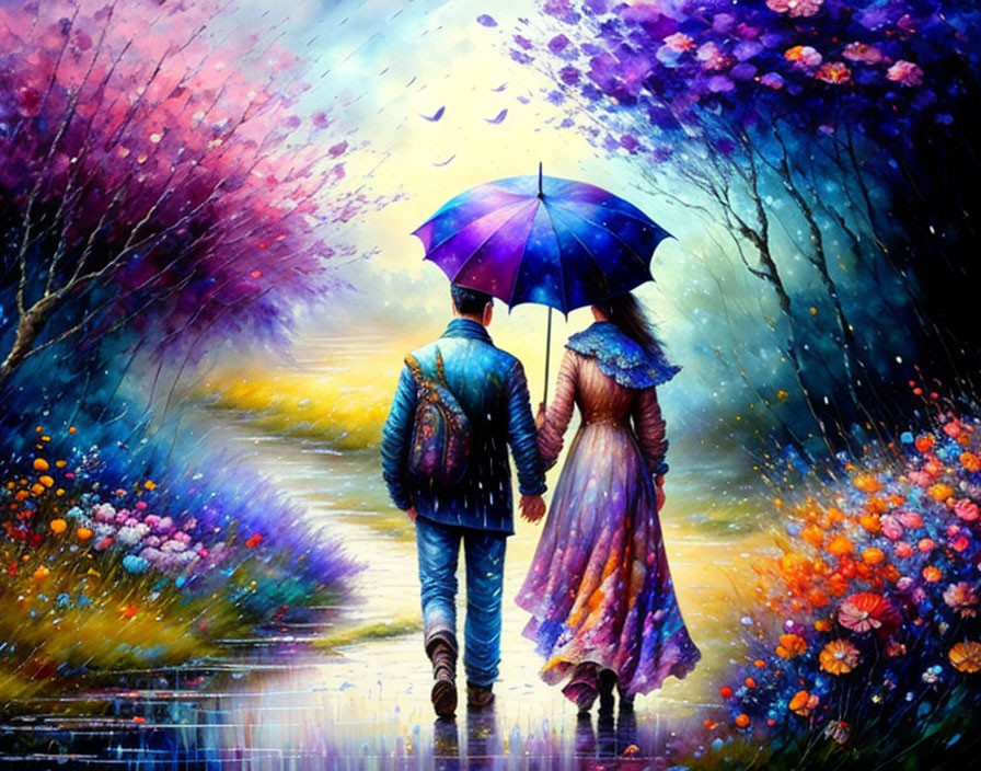 Couple under blue umbrella in colorful flower garden landscape