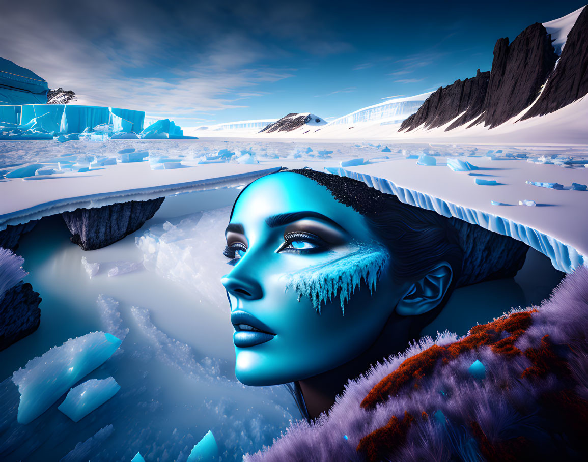 Surreal winter scene with woman featuring blue skin and icy lashes