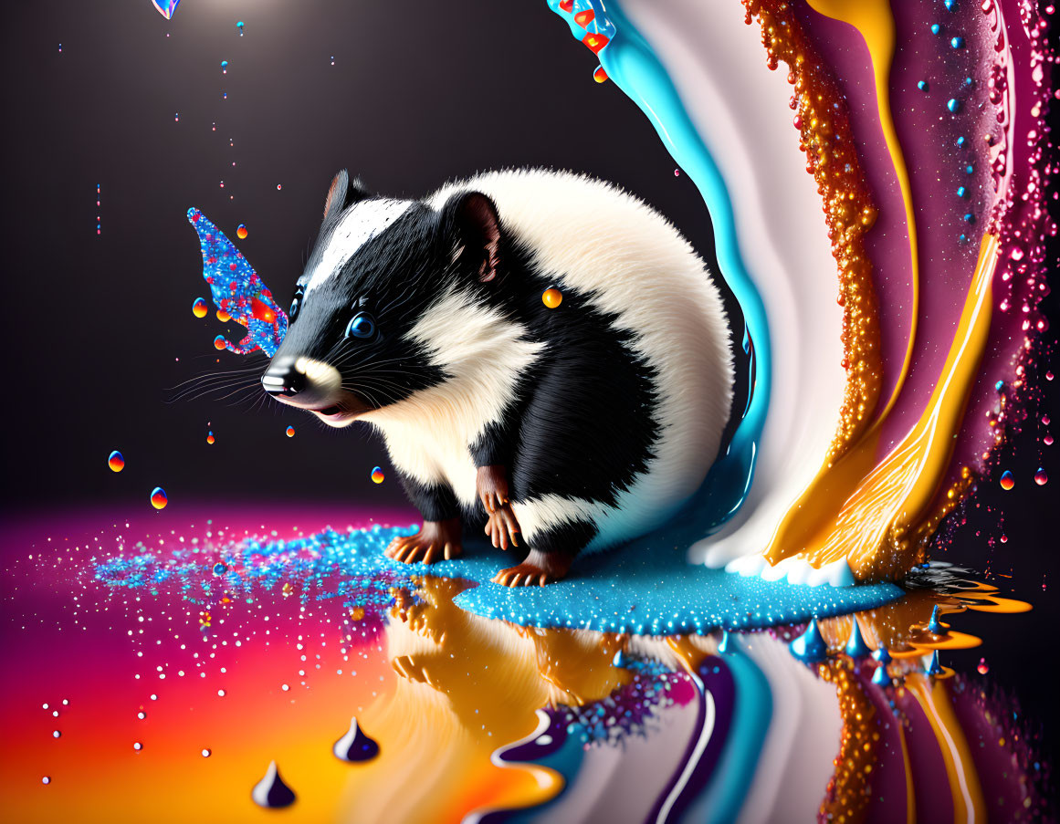 Colorful Skunk Art with Butterfly Elements on Reflective Surface