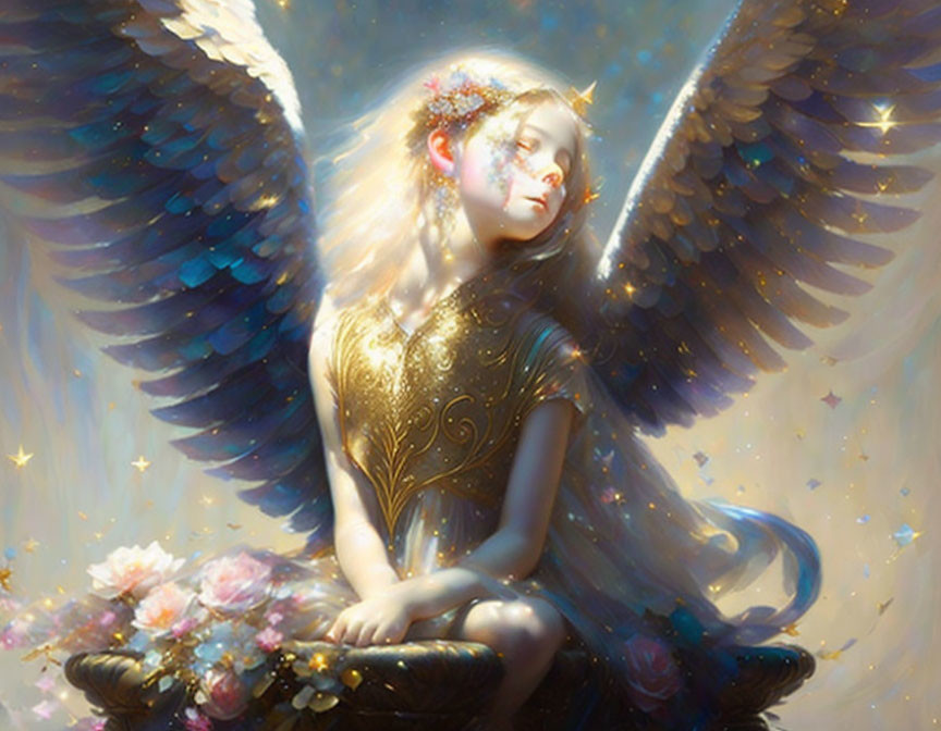 Fantasy illustration of angel with large wings and golden attire.
