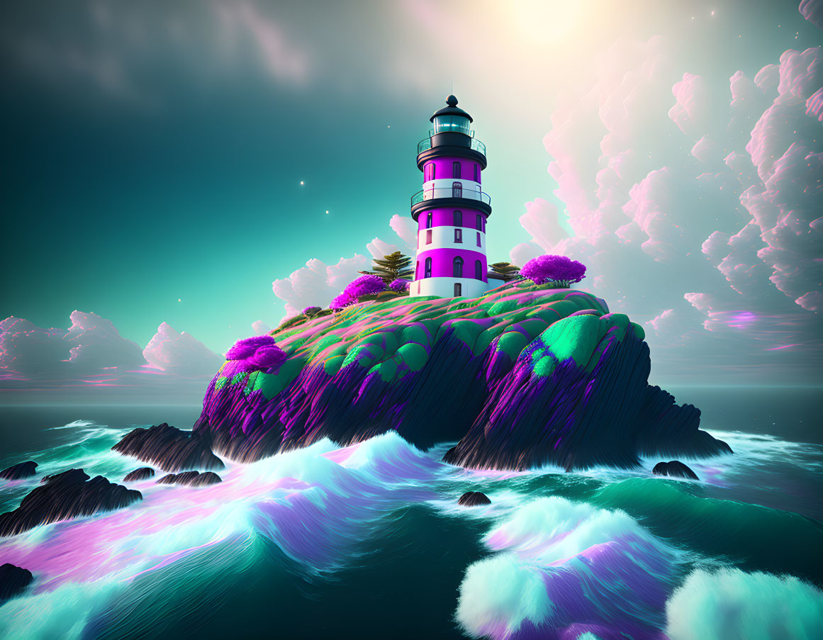 Lighthouse digital art: Cliff, purple foliage, turquoise waves, pastel sky