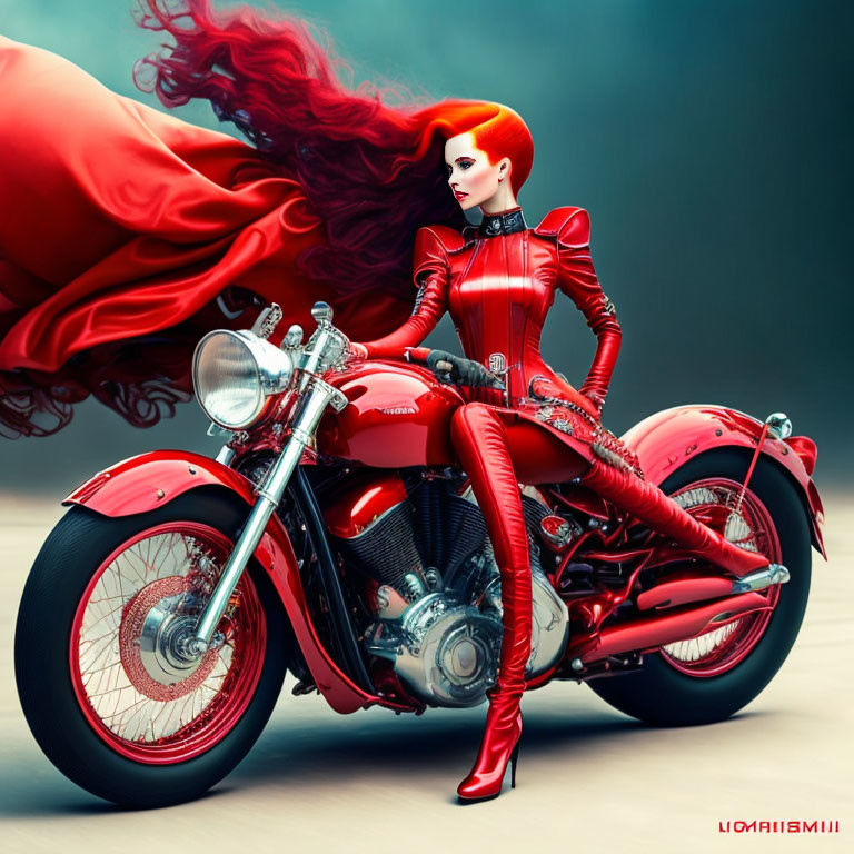 Striking red-haired woman in glossy bodysuit poses on classic motorcycle