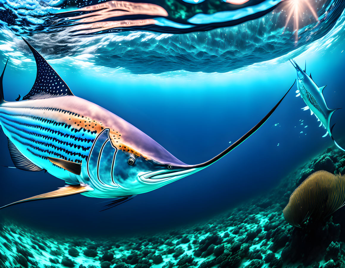 Underwater Close-Up of Marlin and Marine Creatures in Sunlight