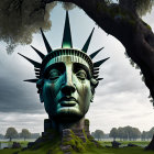 Surreal artwork: Statue of Liberty's head fused with foliage in mystical landscape