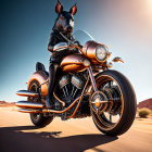 Anthropomorphic fox in aviator gear on motorcycle through desert landscape