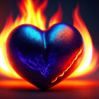 Blue heart-shaped object with star-filled pattern and red gem on orange flame backdrop