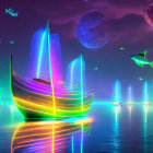 Colorful Sailboat Resting on Tranquil Water Under Neon-Lit Sky