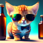 Stylized orange tabby kitten with sunglasses and bow tie on blue backdrop
