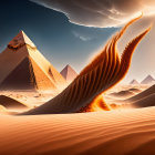 Surreal oversized snail with Egyptian pyramid shell in desert landscape