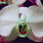 Colorful digital artwork featuring orchids with dewdrops on white petals, neon pink, and green details