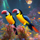 Colorful Toucans on Bioluminescent Fungi in Mystical Forest