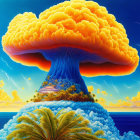 Colorful digital artwork: Mushroom cloud over globe with lightning in blue sky