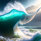 Majestic white whale with elongated fins in turquoise wave