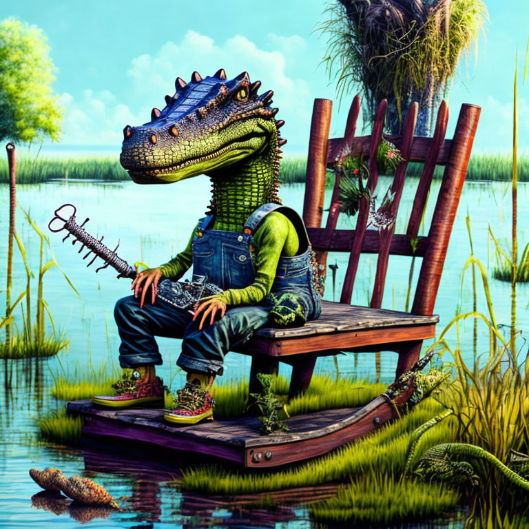 Anthropomorphic alligator knitting on wooden pier in tranquil marsh