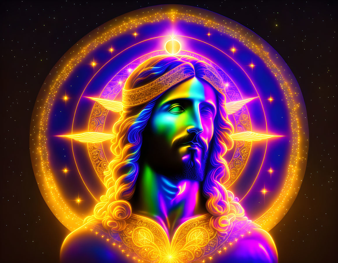 Colorful digital artwork of figure with halo and glowing symbols in neon against starry backdrop
