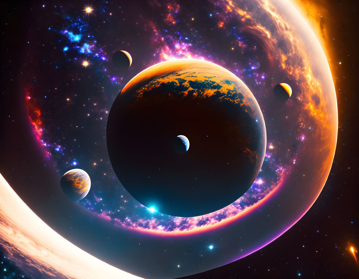 Colorful cosmic scene with planets, gas giant, stars, and nebula