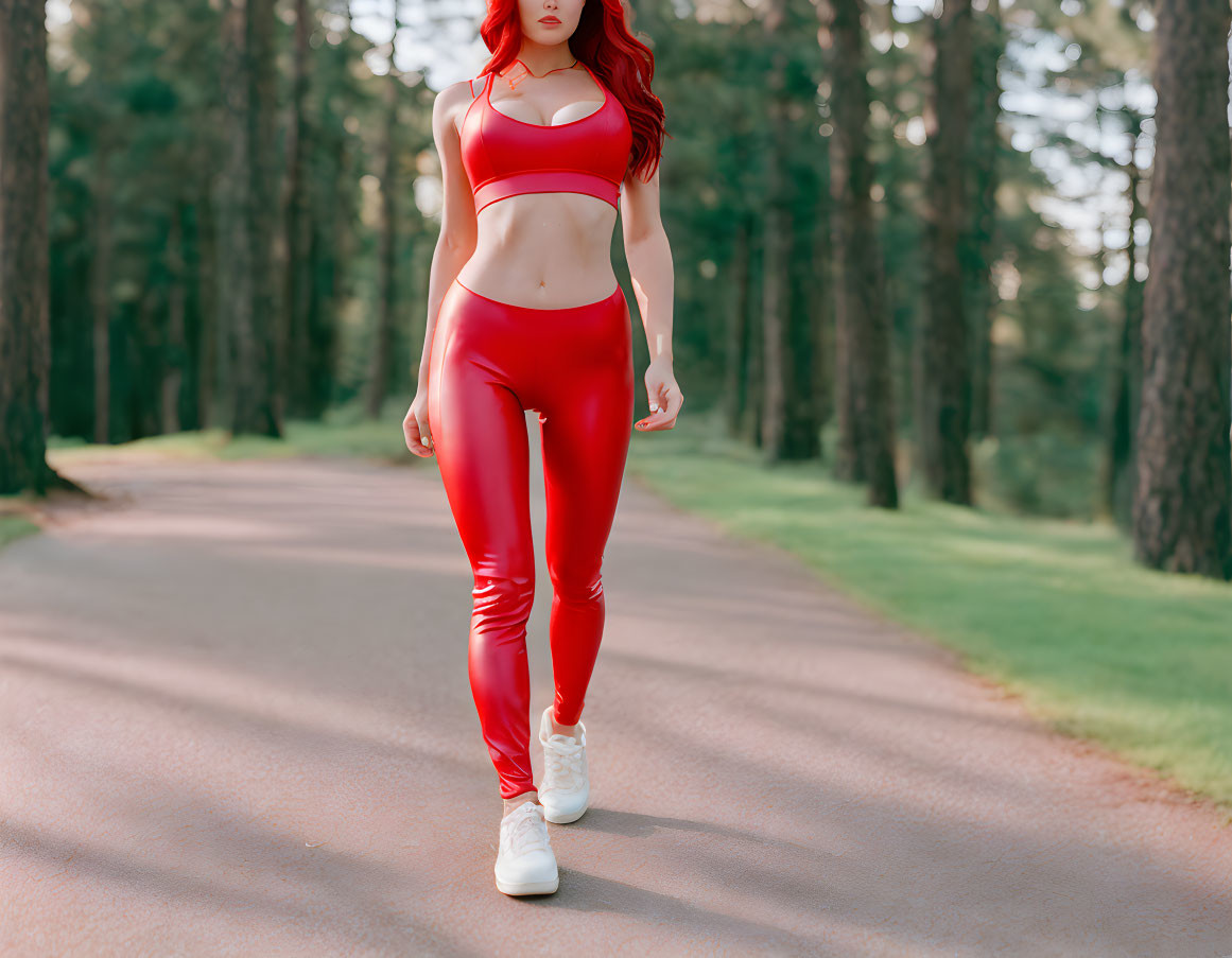 Woman in Red Sports Bra Walking in Forest