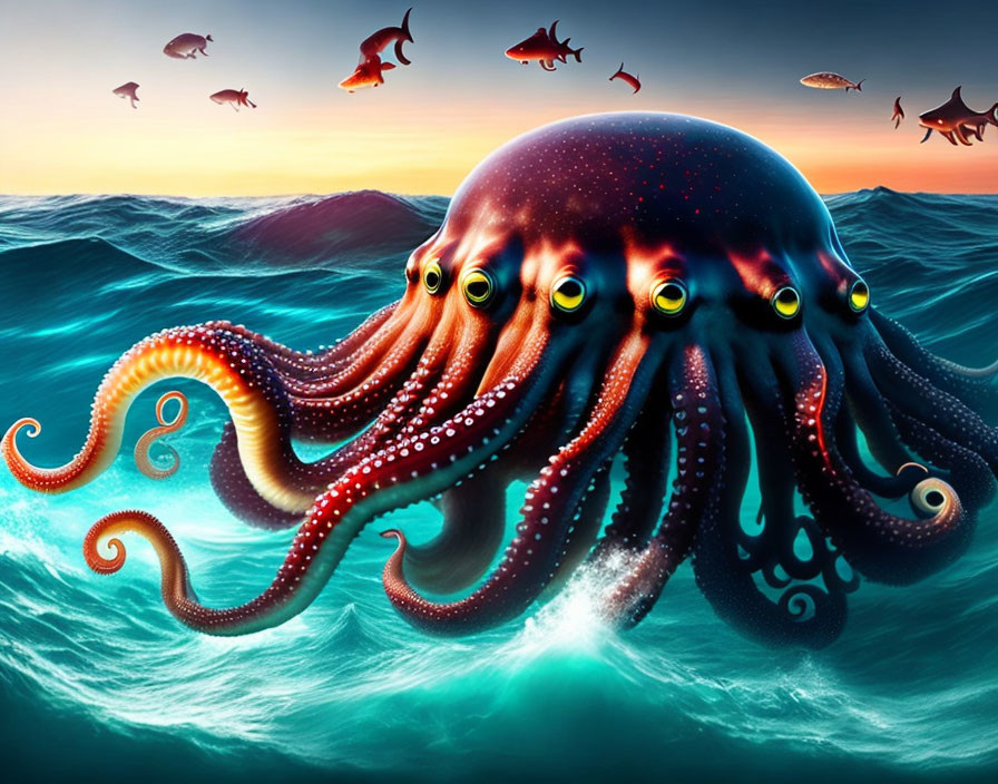 Colorful Octopus with Multiple Eyes Above Ocean at Sunset