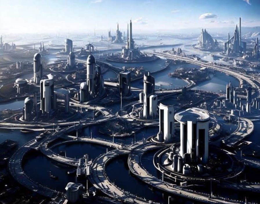 Futuristic cityscape with towering skyscrapers and sleek bridges