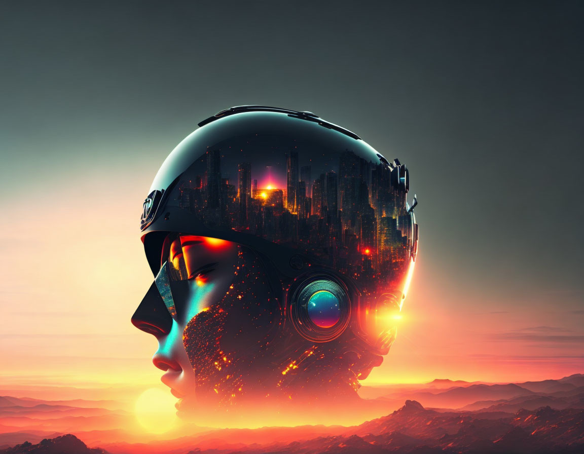 Futuristic helmet with cityscape reflection merging into woman's face