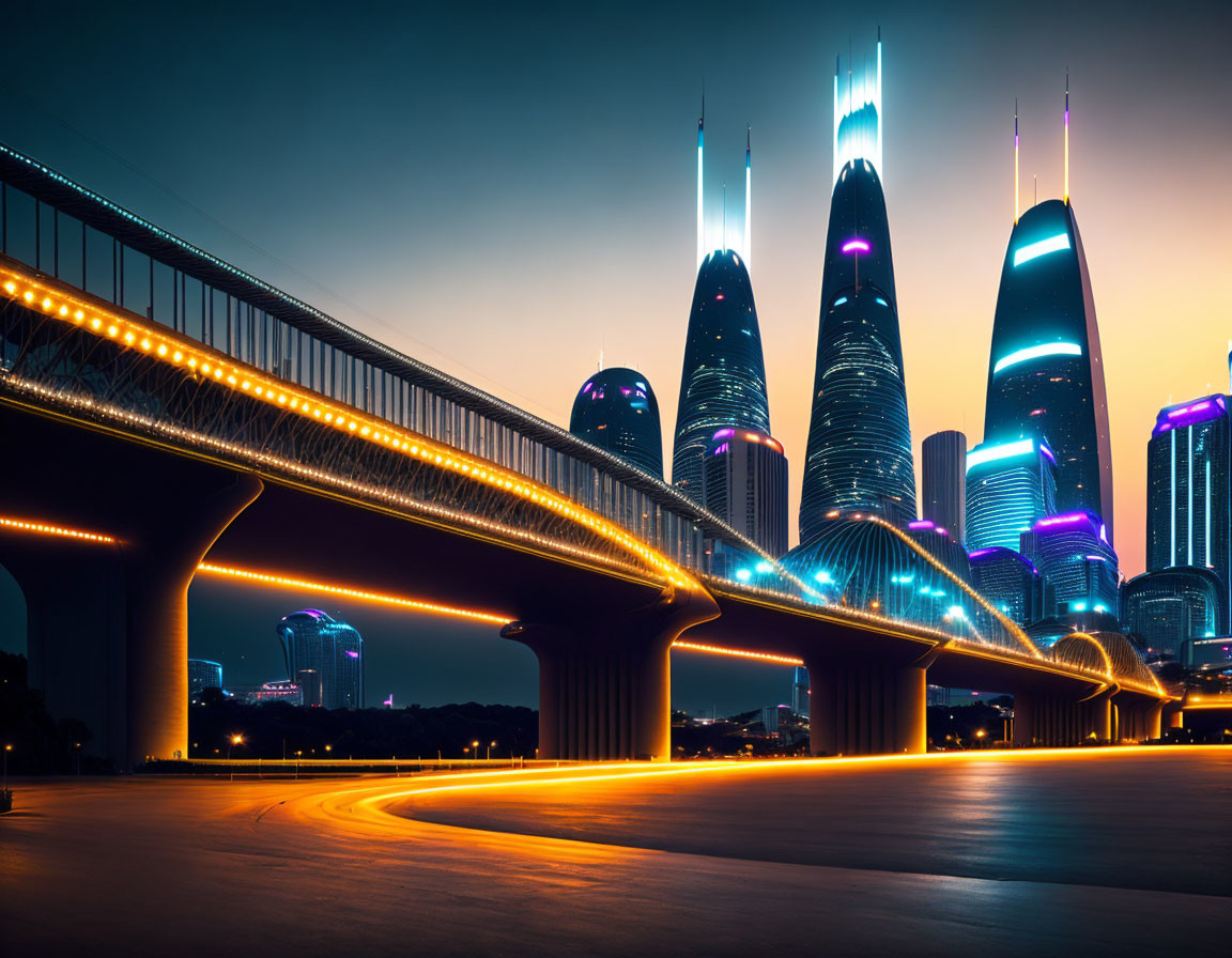 Futuristic night cityscape with illuminated skyscrapers and neon-lit bridge
