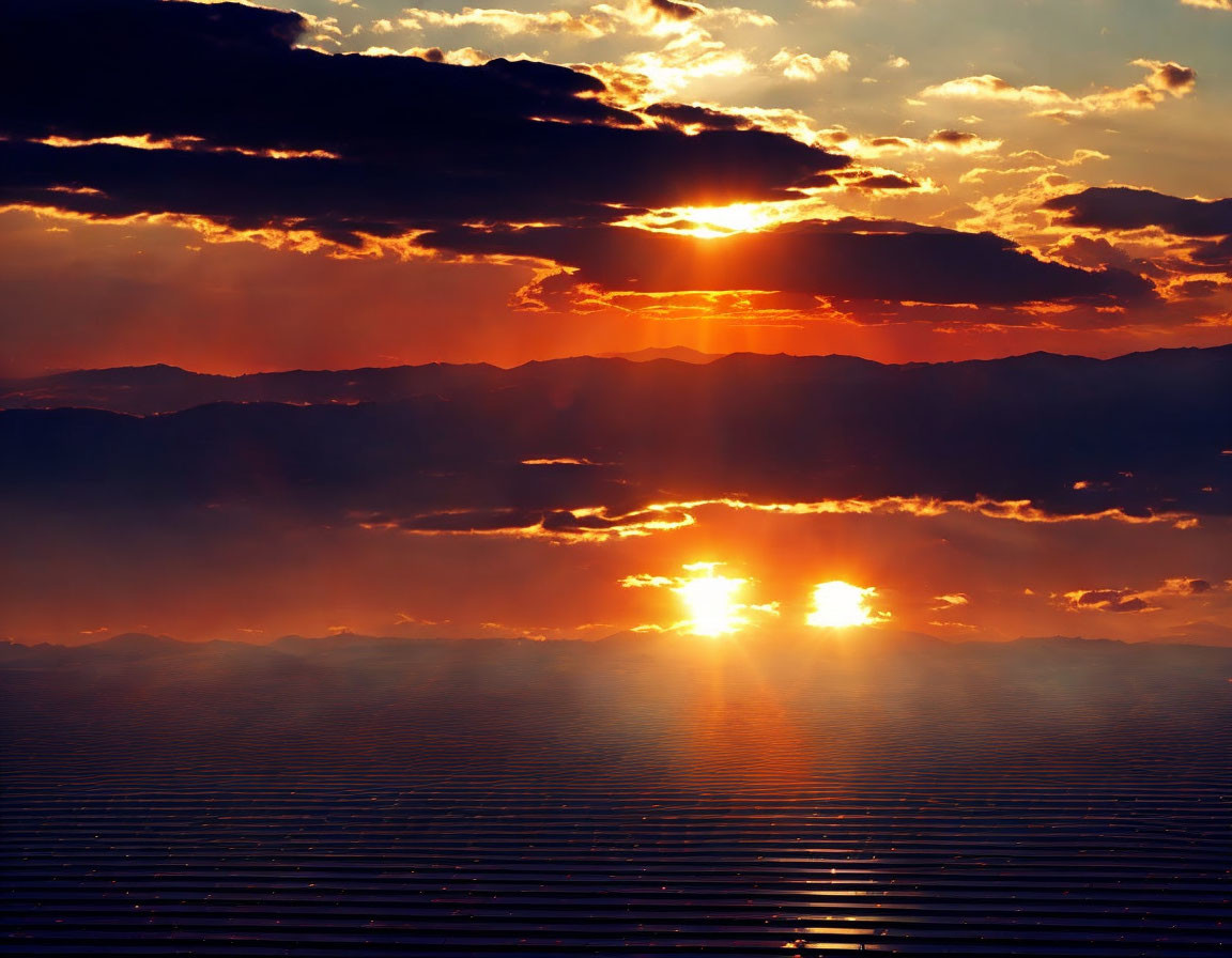 Scenic sunset over mountains with sun rays and solar panels