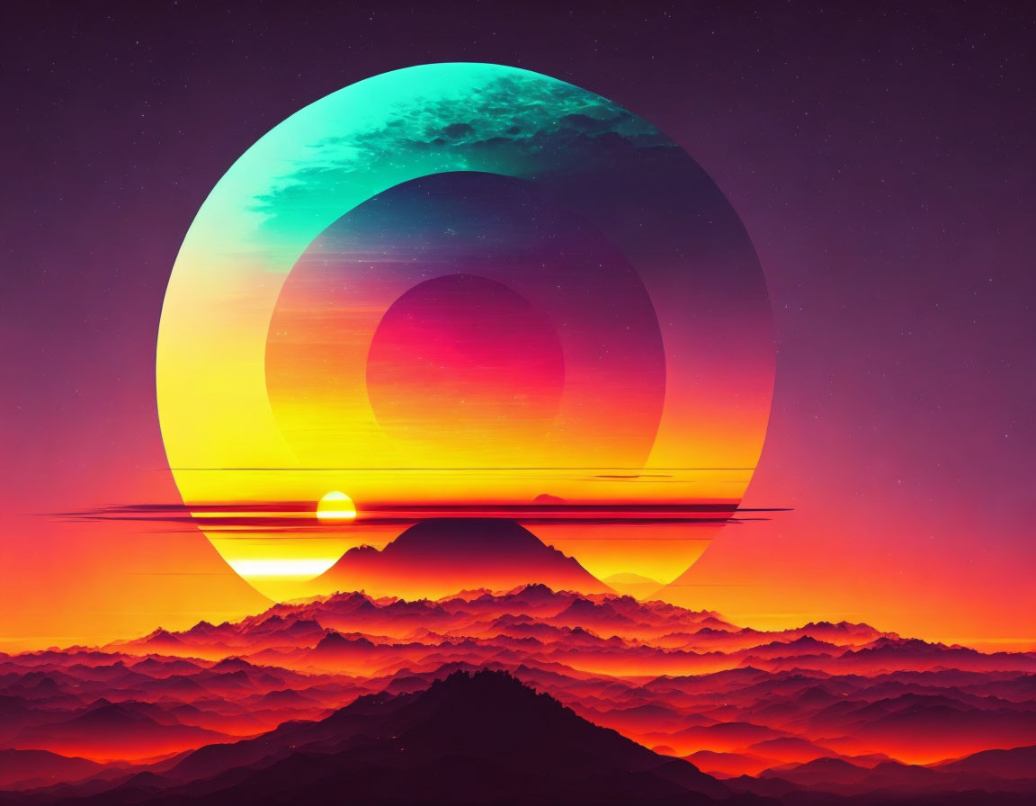 Surreal landscape with vibrant colors and cosmic elements
