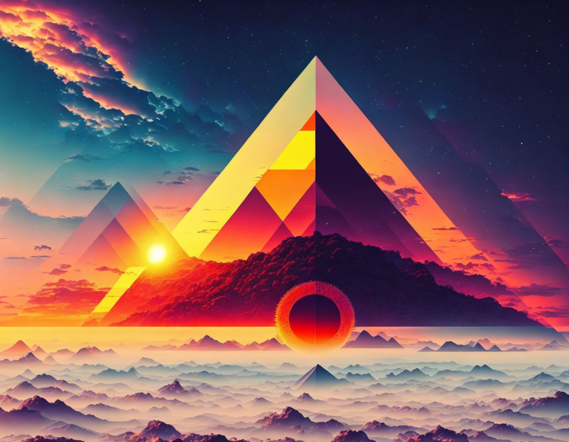 Surreal landscape with layered triangle design and vibrant clouds