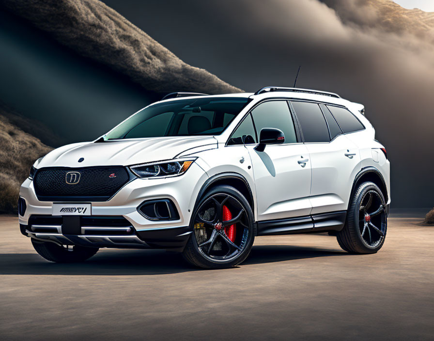 White Performance SUV with Black Trim and Red Brake Calipers Against Moody Cloud-Filled Background