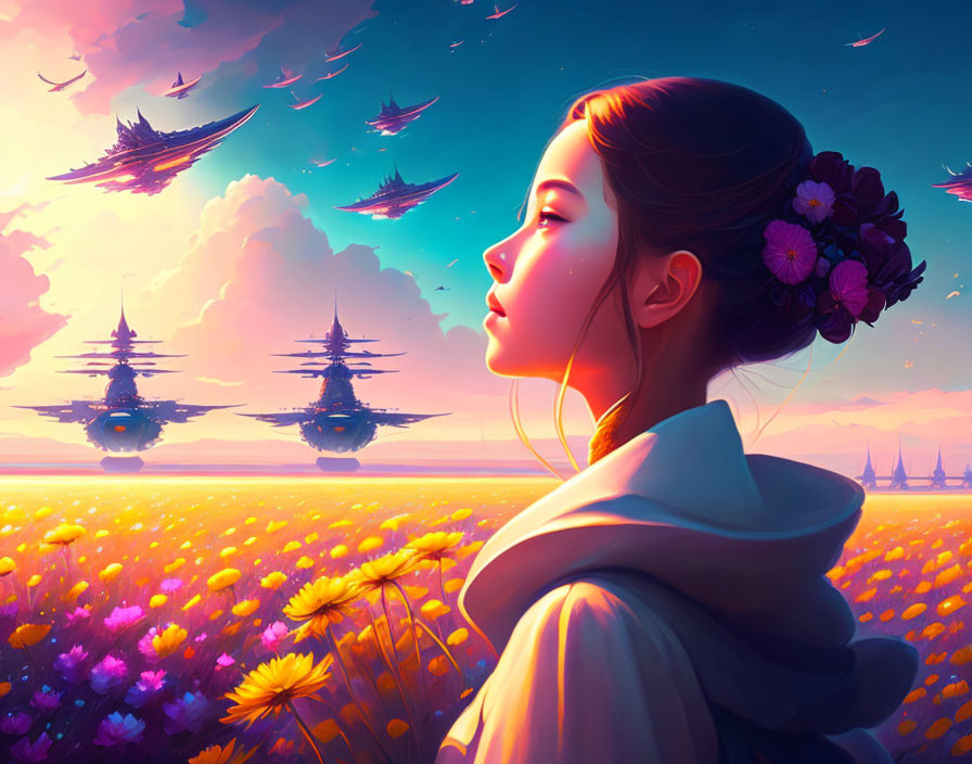 Woman in field of flowers watching floating ships at vibrant sunset.