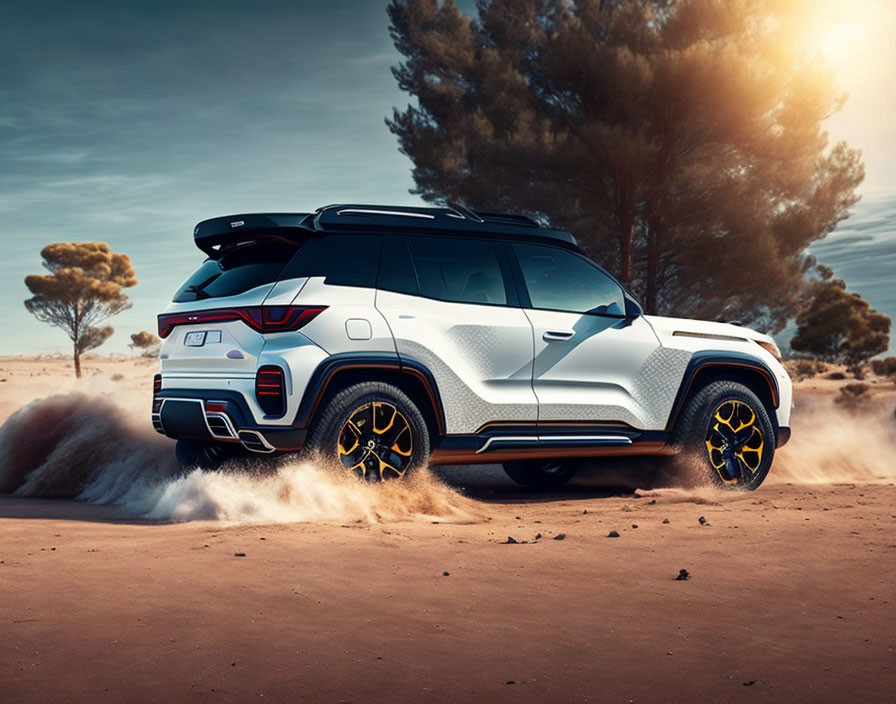 White SUV with Yellow Accents Racing Across Desert Under Dramatic Sky