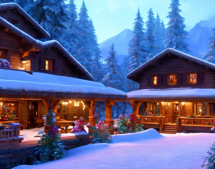 Snow-covered pine trees and illuminated wooden chalets in a winter dusk scene
