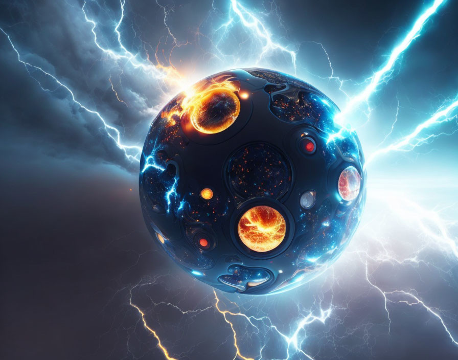 Futuristic orb with electric blue lightning bolts and glowing planet-like spheres