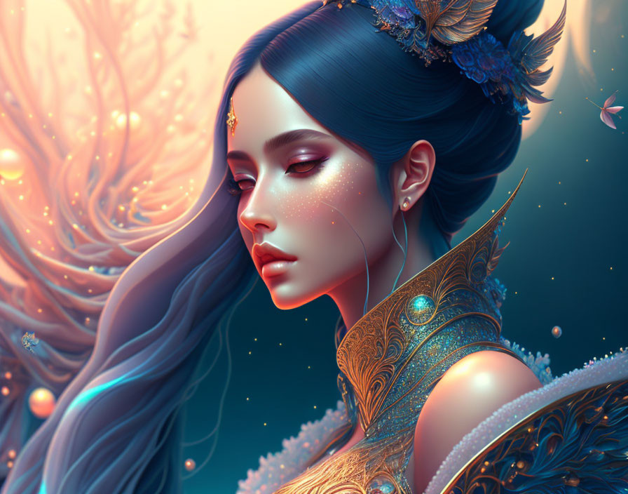 Ethereal female figure in blue and gold attire among fantastical flora