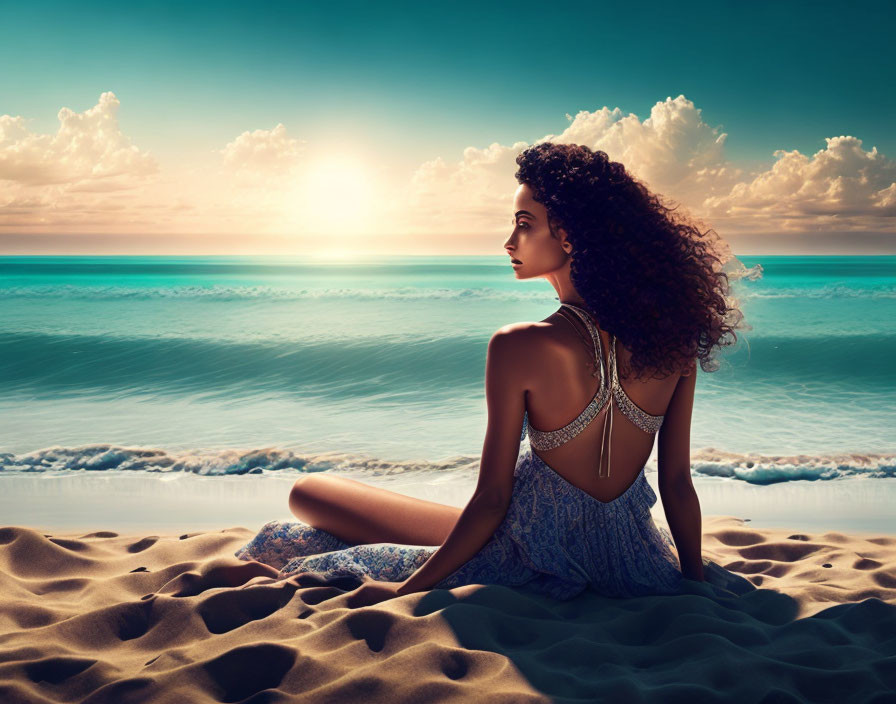 Curly-haired woman in chain-detail backless dress on beach at sunset