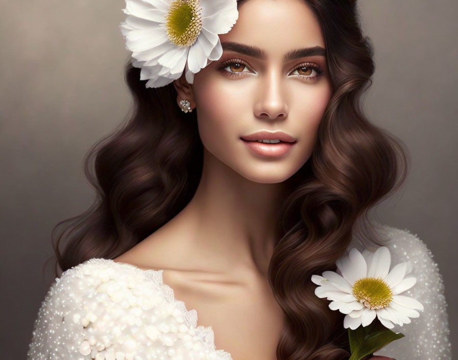 Woman with Long Wavy Hair and White Flower Adornments in Pearl-Embellished Outfit